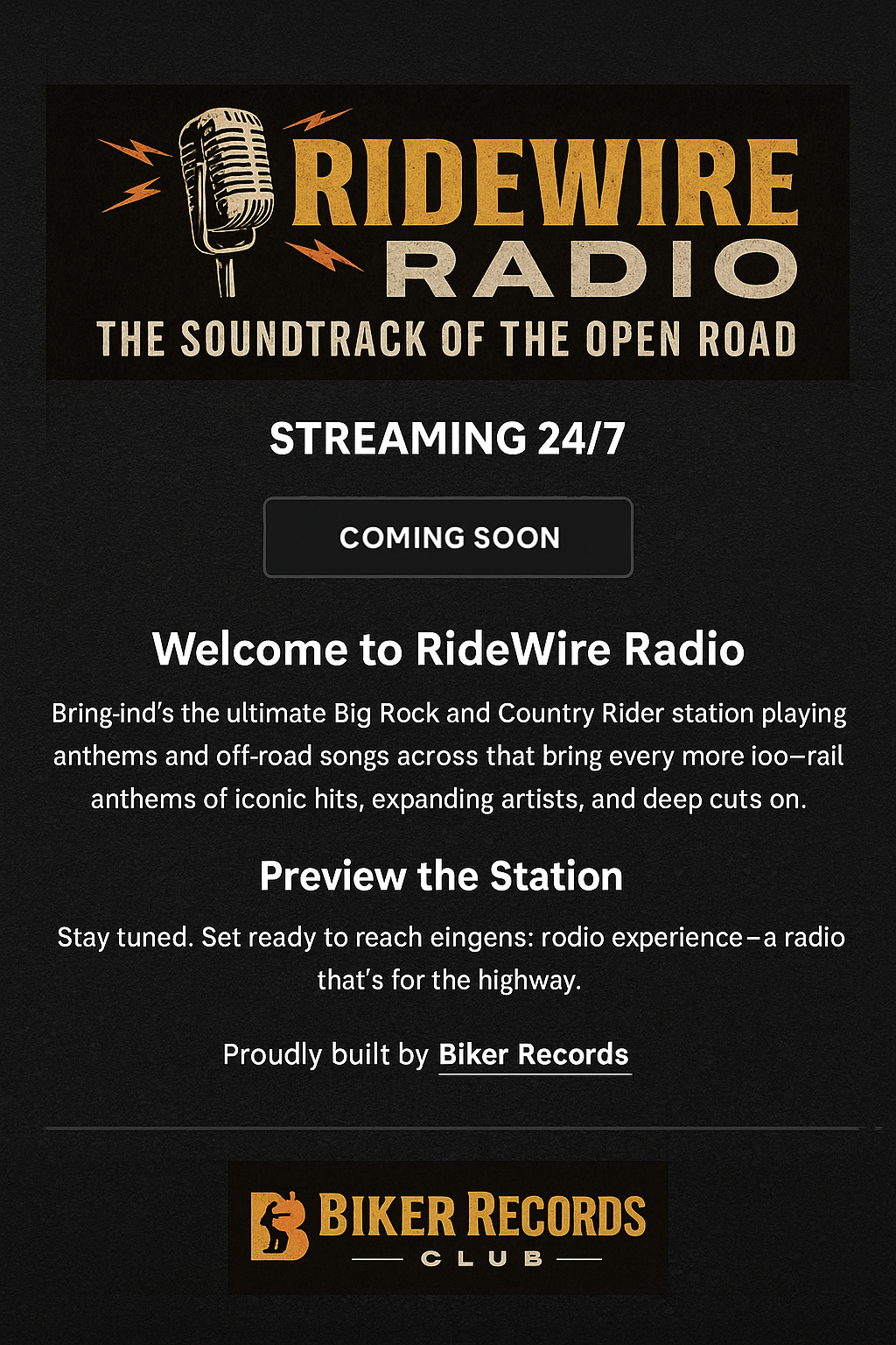 RideWire Radio poster with streaming 24/7 coming soon message